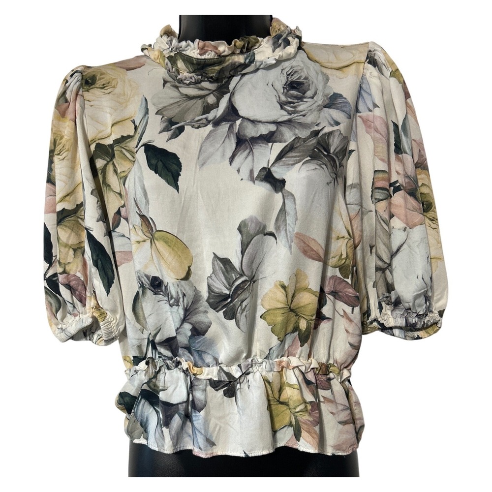 Tahari Floral Puff Sleeve Peplum Blouse Ruffle High‎ Neck Rose Print Large